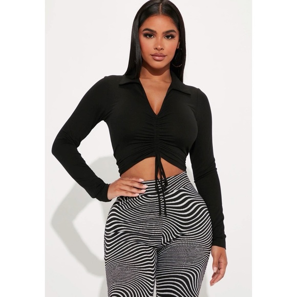 Fashion Nova Tops - Fashion Nova Black Analisa Collared Ruched Long Sleeve Blouse Size 1X